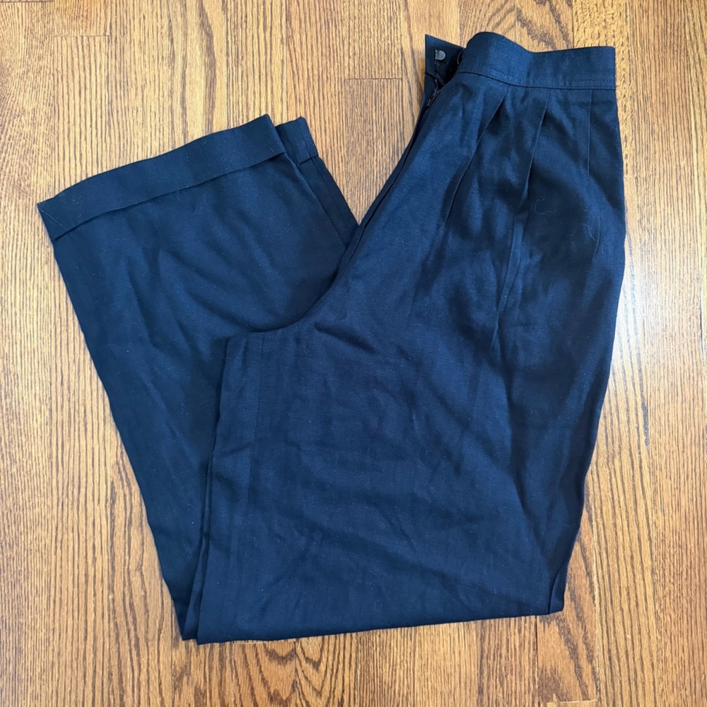 Carole Little Vintage Pleated Cuffed Linen Blend Wide Leg Black Pants Size 6
